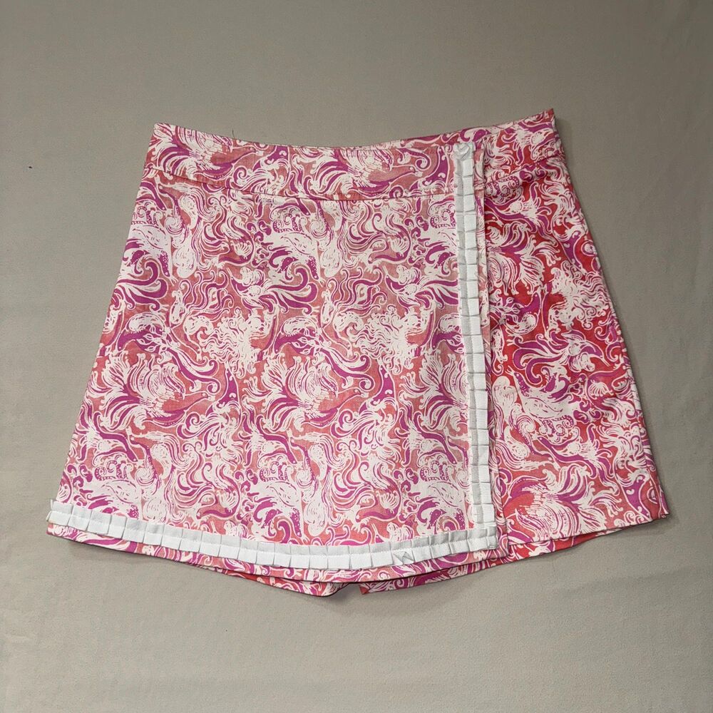 Key West Wrap Skirt Skort Women's 10  Peacock Print Pink White Summer Golf Club